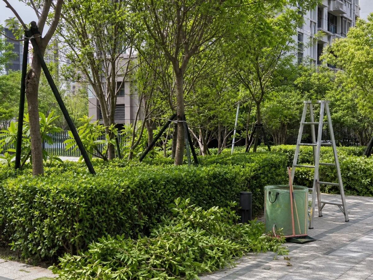 社區綠地樹木與灌木修剪工具安全放置於現場